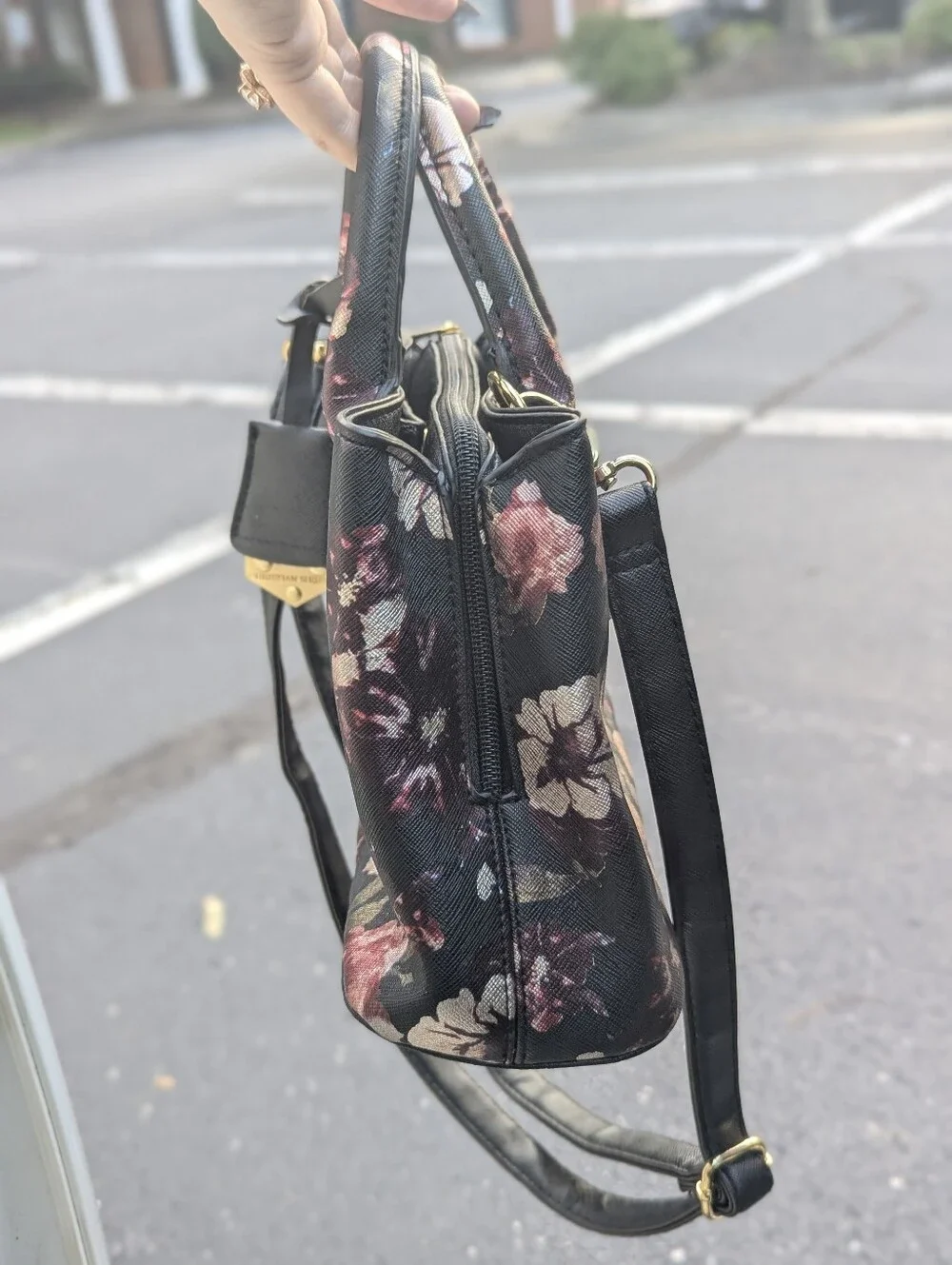 Christian Siriano Floral Crossbody Satchel Bag Black Saffiano Handbag Clean